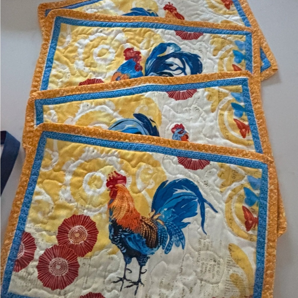 Rooster Print Table Linens Set - Yellow and Blue